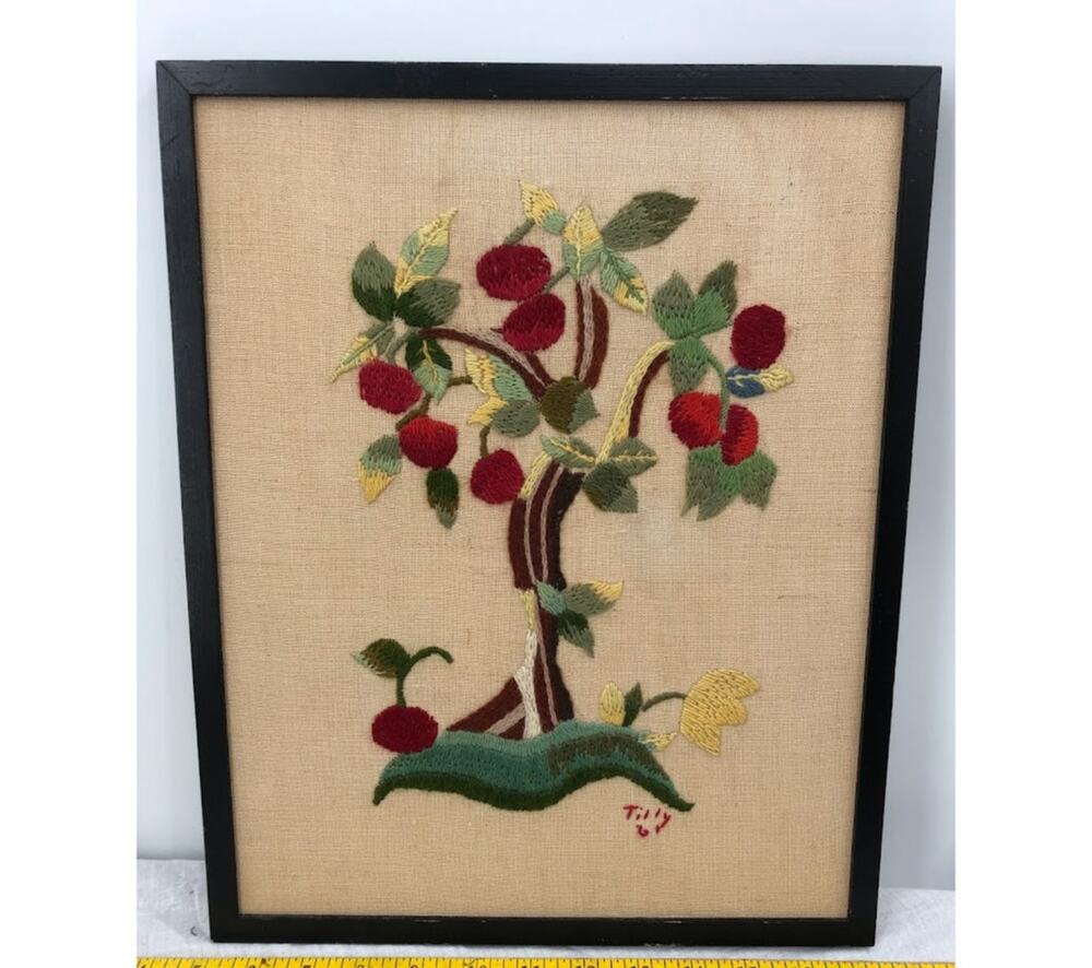 Vintage Crewel Cherry Tree Handmade by Tilly 1961 framed some water stains 12x16